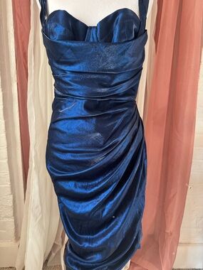 House of CB Shimmering Midnight Blue Ruched Satin Midi Dress